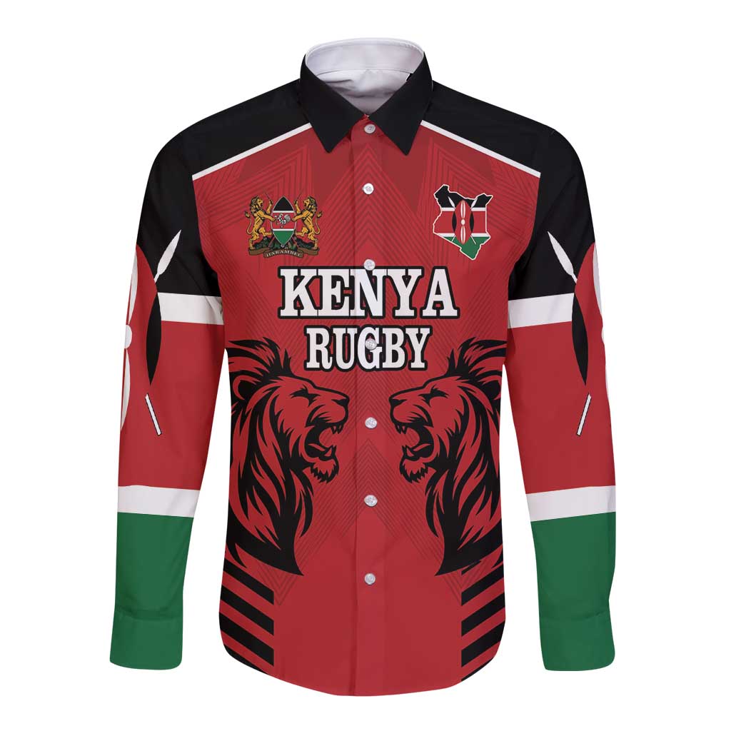 Red long-sleeve rugby button shirt with lion graphic and Kenya Rugby text, stripe accents