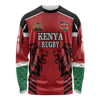 Red long-sleeve rugby shirt with Kenya Rugby text, lion graphic, and black trim
