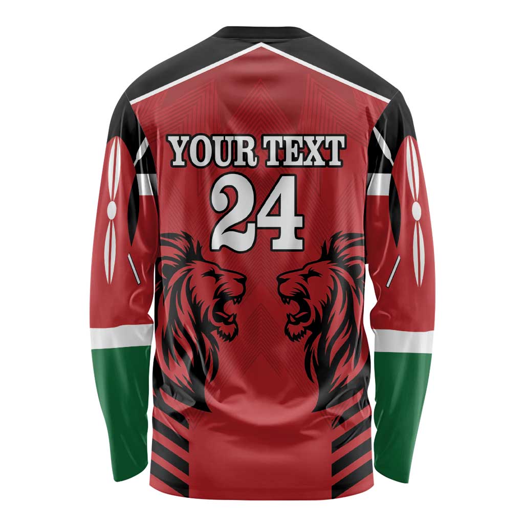 Red long-sleeve rugby shirt with 'YOUR TEXT' 24, lion graphic, and black trim