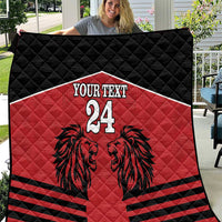Red and black quilt blanket with lion design, 'YOUR TEXT' and number 24.