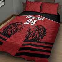 Red quilt bed set with lion graphic, black stripes, custom text, number 24, and two red pillows