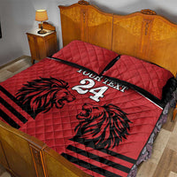 Red quilt bed set with lion graphic, black stripes, custom text and 24, with two red quilted pillows