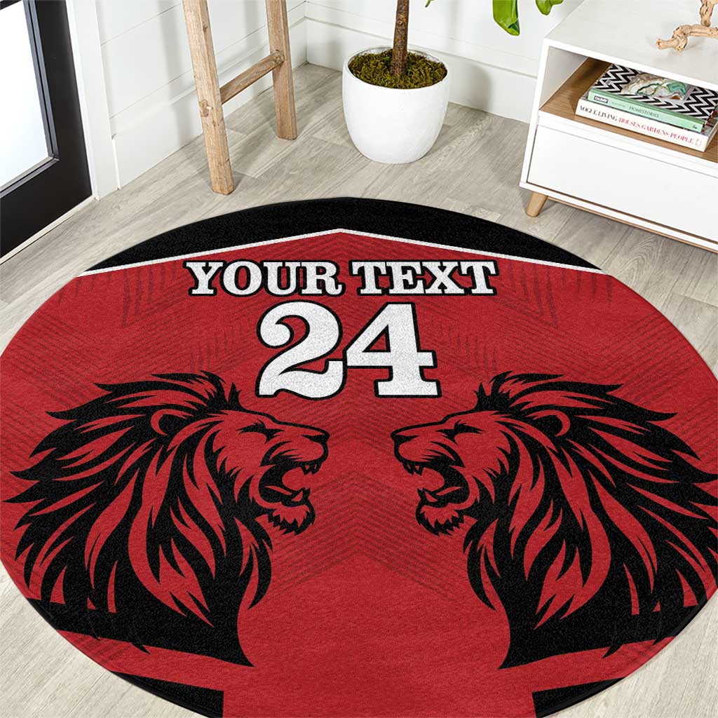Red round rug with black lion faces, custom text and number 24, circular border
