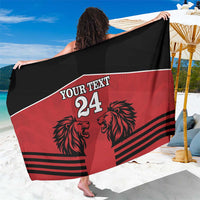 Red and black custom sarong with lion graphic, stripes, and 'YOUR TEXT 24' print