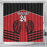 Red and black shower curtain: lion heads with YOUR TEXT over 24