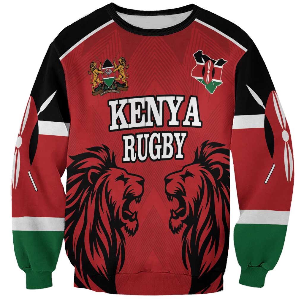Red rugby sweatshirt with Kenya Rugby graphic and lion head illustrations, crew neck