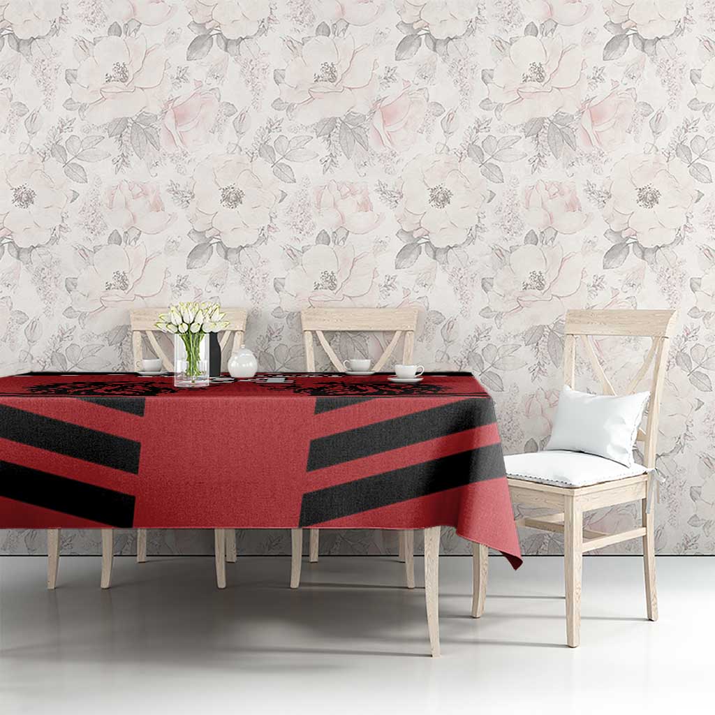 Red tablecloth with black diagonal stripe rugby design on dining set