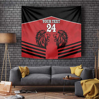 Red and black rugby tapestry with lion face graphic and 'YOUR TEXT' number 24