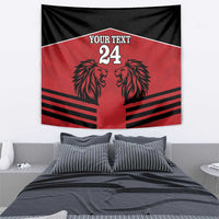 Red and black rugby tapestry with two lion heads, 'YOUR TEXT' and number 24