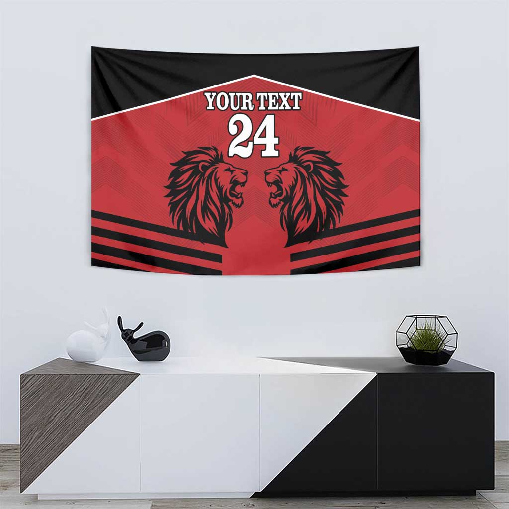 Red and black rugby tapestry with two lion heads, 'YOUR TEXT' and number 24