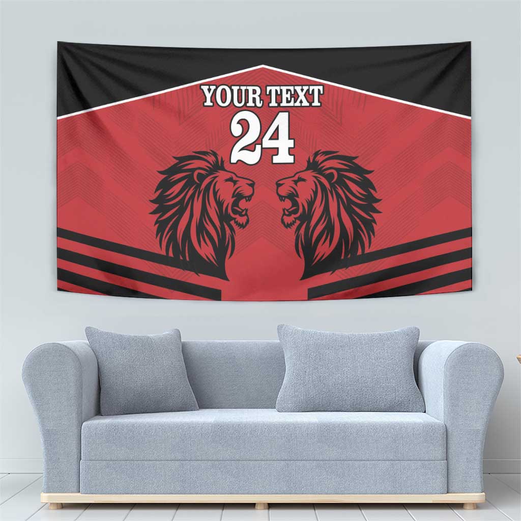 Red and black rugby tapestry with lion heads, 'YOUR TEXT' text and number 24