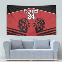Red and black rugby tapestry with lion heads, 'YOUR TEXT' text and number 24