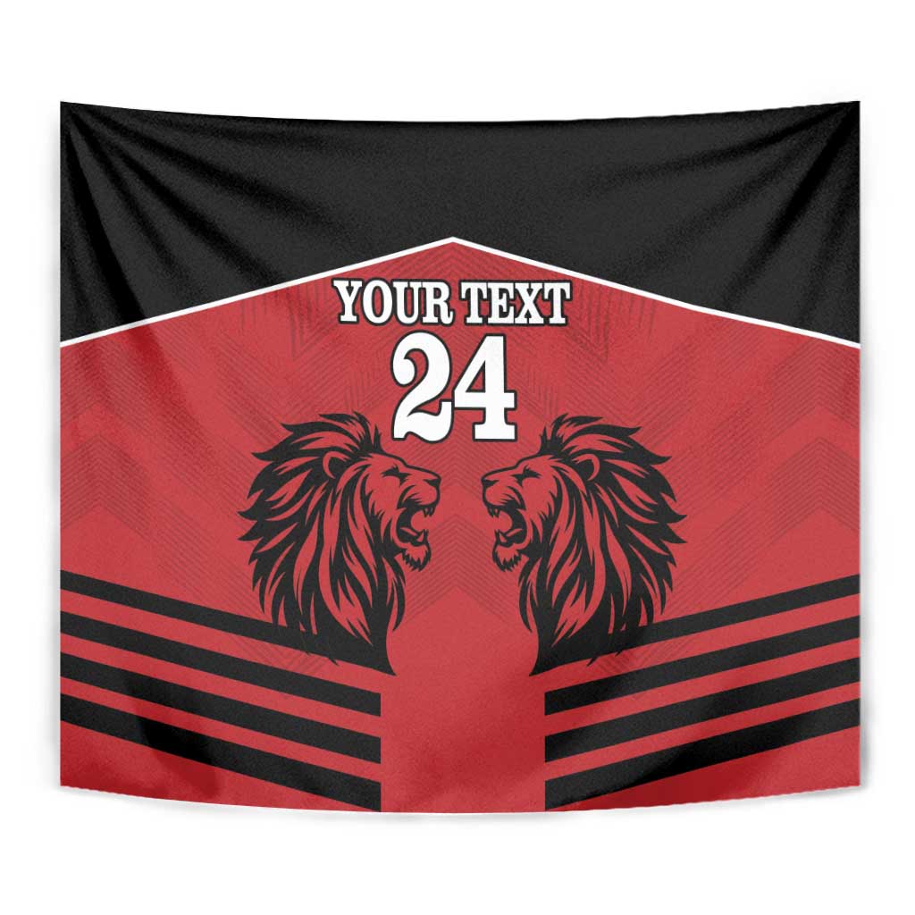 Centered red and black rugby tapestry with lion heads, 'YOUR TEXT' and number 24