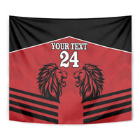 Centered red and black rugby tapestry with lion heads, 'YOUR TEXT' and number 24