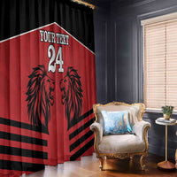 Red and black lion rugby window curtain panel with custom text and number, room view