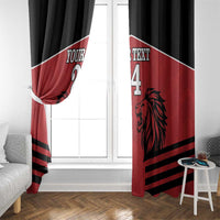 Red and black lion rugby window curtain panels with custom text and number, by white doors