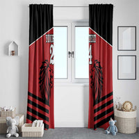Red and black lion rugby curtain panels with custom text and number, hanging in room
