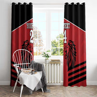 Red and black lion rugby curtain panels with custom text and number, with hooks on rod