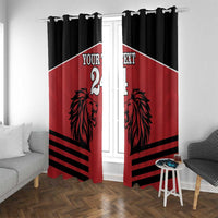 Red and black lion rugby curtain panels with custom text and number, living room angle