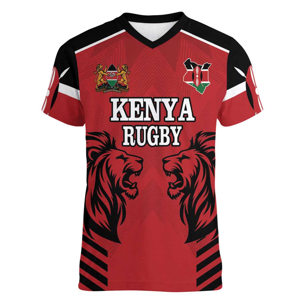 Custom Kenya Rugby Women V-Neck T-Shirt African Lion Unique Style - Wonder Print Shop