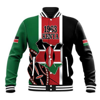 Unisex baseball jacket with red/green/black panels, striped cuffs, Kenya 1963 graphic