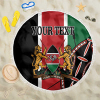Round beach blanket with fringe, Kenya tricolor crest and lions, 'YOUR TEXT' banner