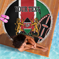 Round beach blanket with fringe, Kenya flag lions crest, 'YOUR TEXT' across top
