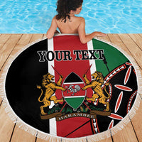 Round beach blanket with fringe draped on deck, Kenya lions crest and 'YOUR TEXT'