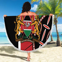 Round beach blanket with fringe held outdoors, Kenya tricolor lions crest and 'YOUR TEXT'