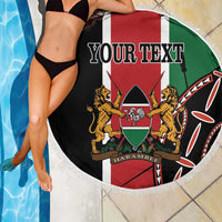 Round beach blanket with fringe by pool, Kenya crest lions and 'YOUR TEXT' text