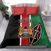 Kenya flag bedding set with 'YOUR TEXT' on black duvet, red pillows, green stripe
