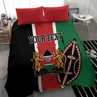 Kenya flag bedding set with 'YOUR TEXT' and shield graphic on black duvet, red pillows