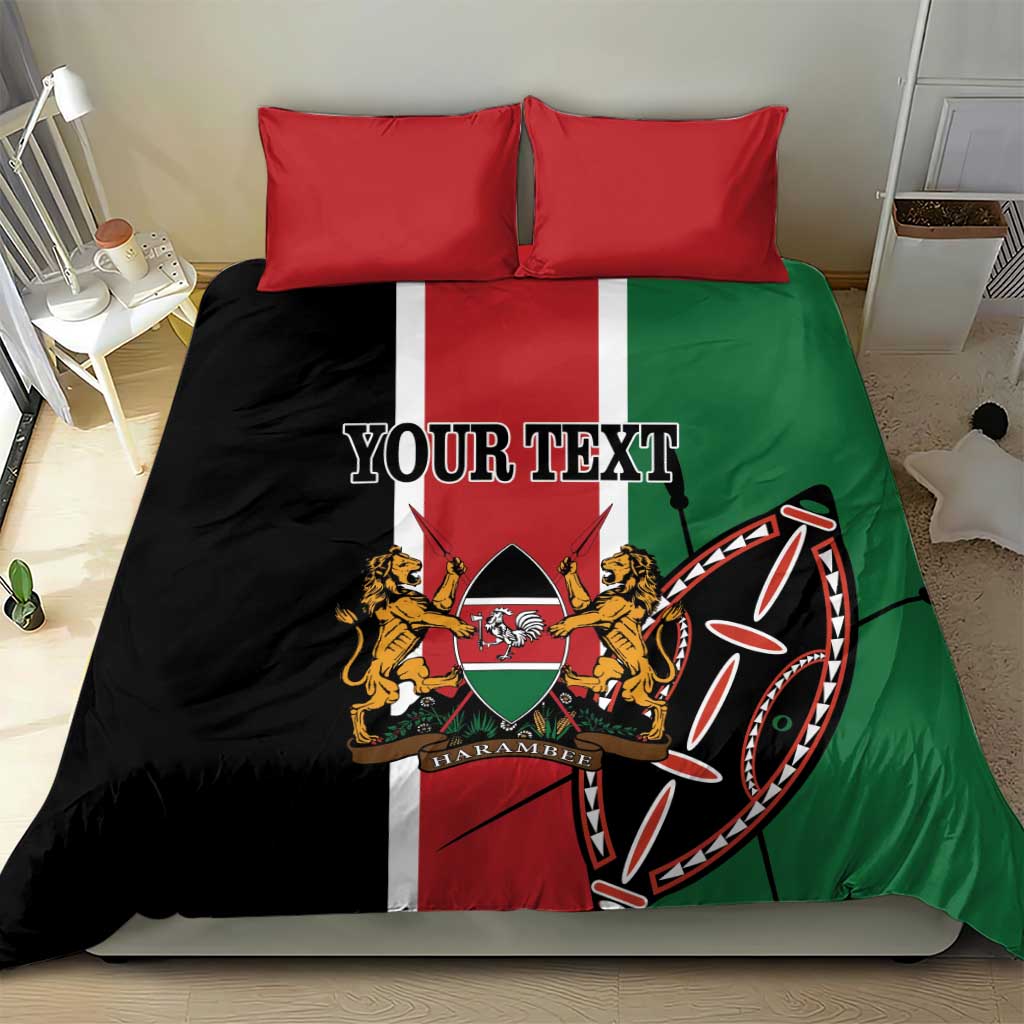 Kenya flag bedding set with 'YOUR TEXT' and drum graphic on black duvet, red pillows