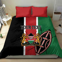 Kenya flag bedding set with 'YOUR TEXT' and drum graphic on black duvet, red pillows
