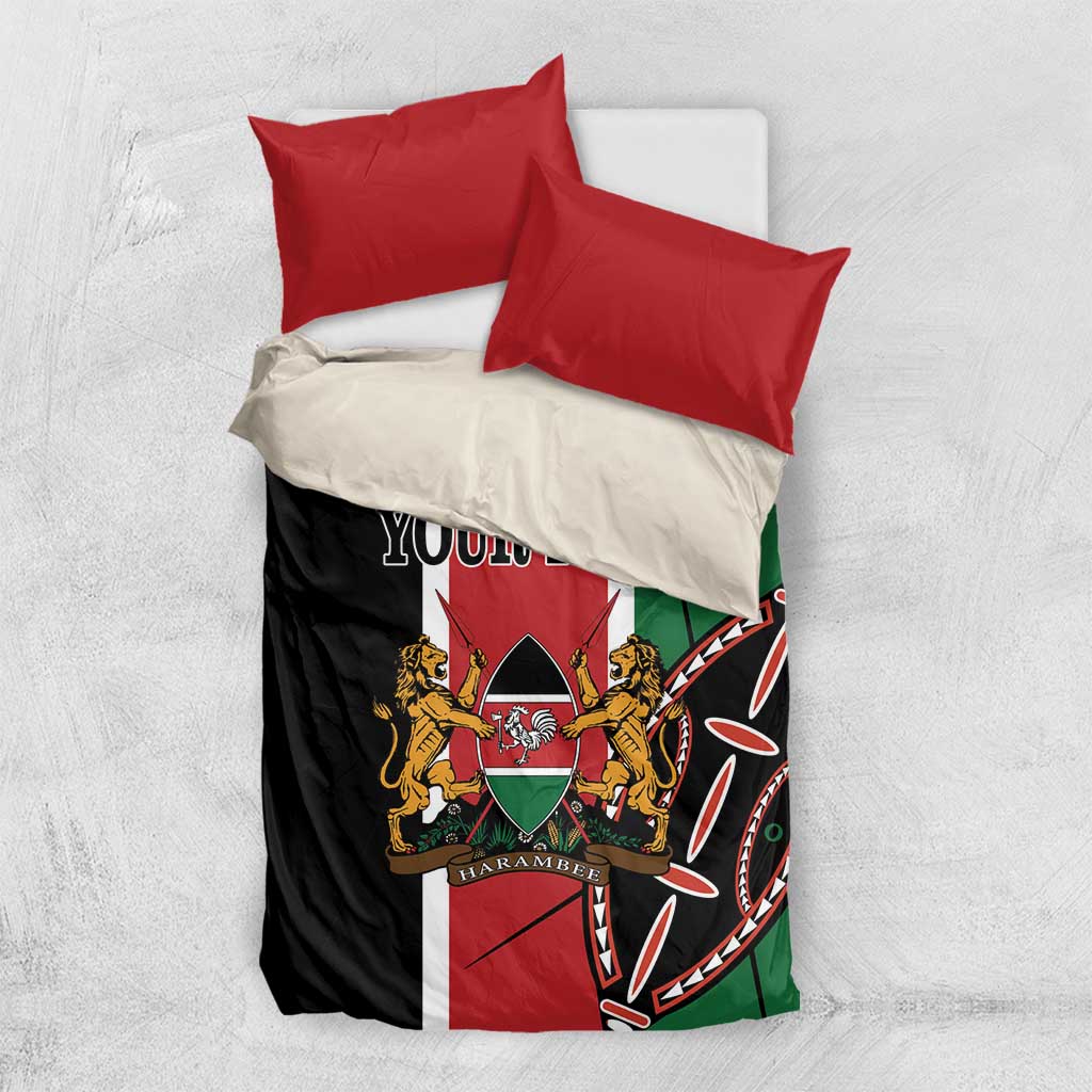 Kenya flag bedding set with red pillowcases and black-and-green duvet with 'YOUR TEXT'