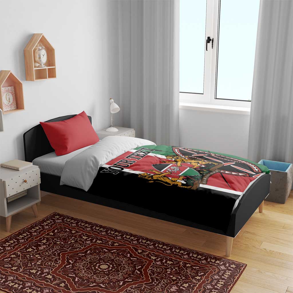 Kenya flag bedding set on bed with red pillowcases and black-and-green duvet