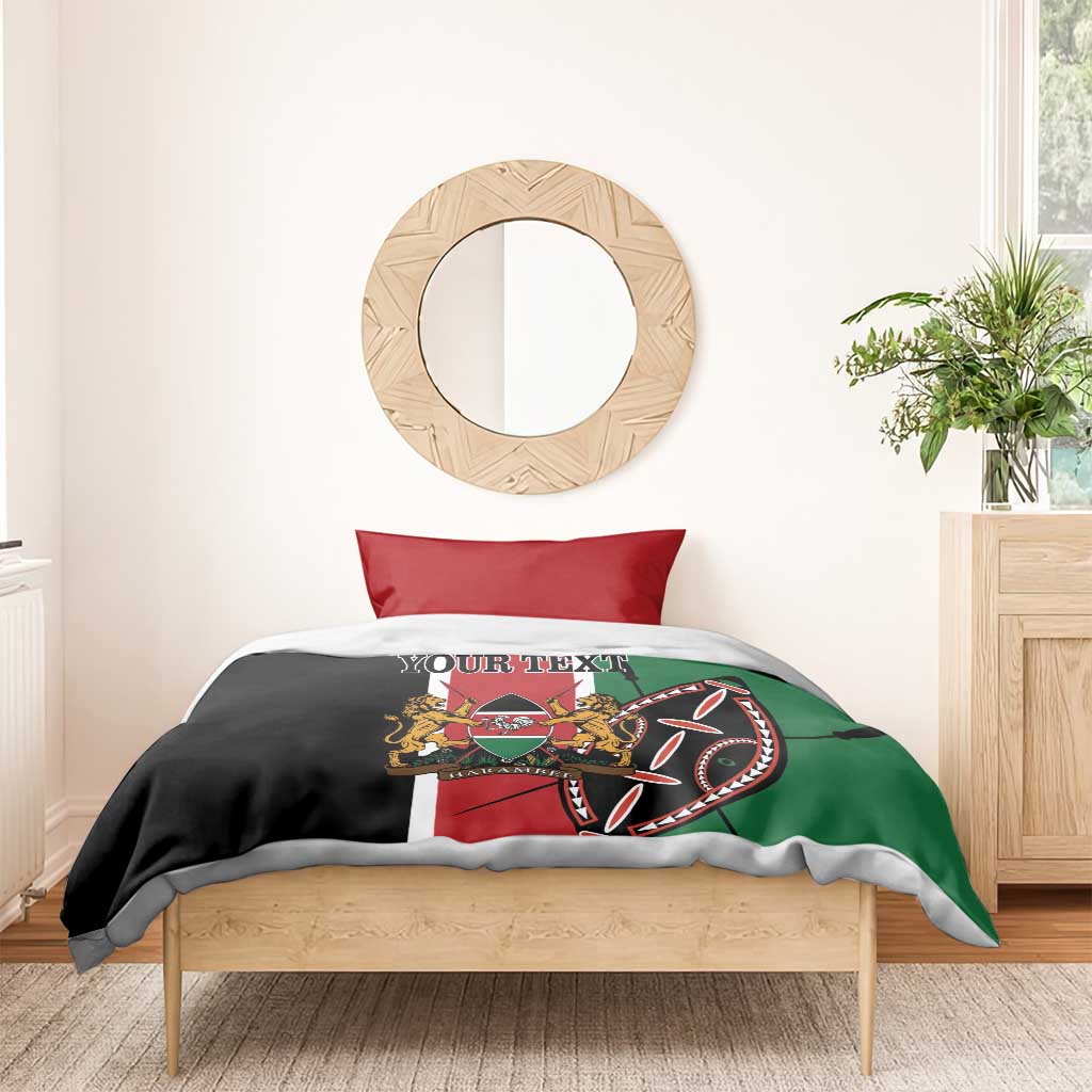 Kenya flag bedding set with 'YOUR TEXT' on black duvet and red pillowcases