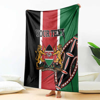 Kenya independence blanket draped on sofa, showing red-white-green flag stripes and “YOUR TEXT”.