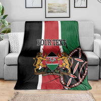 Kenya independence blanket on couch with red-white-green flag stripes and “YOUR TEXT” center design.