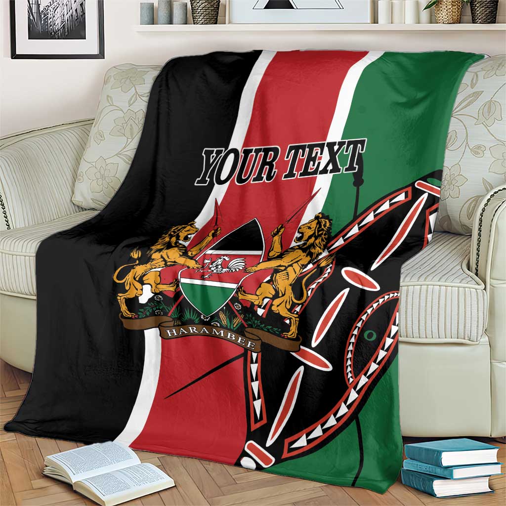 Kenya independence blanket with bold flag stripes, crest graphic, and “YOUR TEXT” lettering.