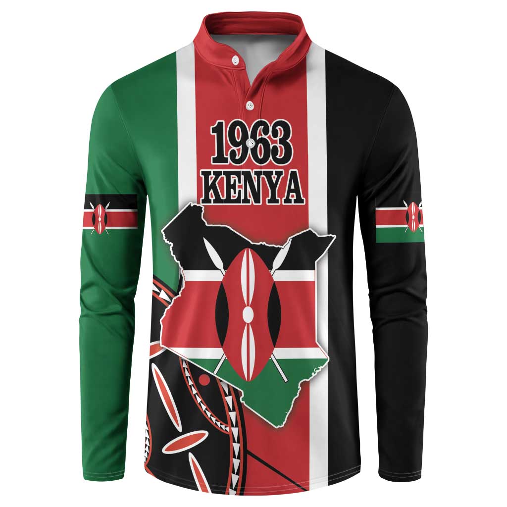 Red, green, and black button sweatshirt with 1963 Kenya front graphic
