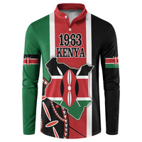 Red, green, and black button sweatshirt with 1963 Kenya front graphic