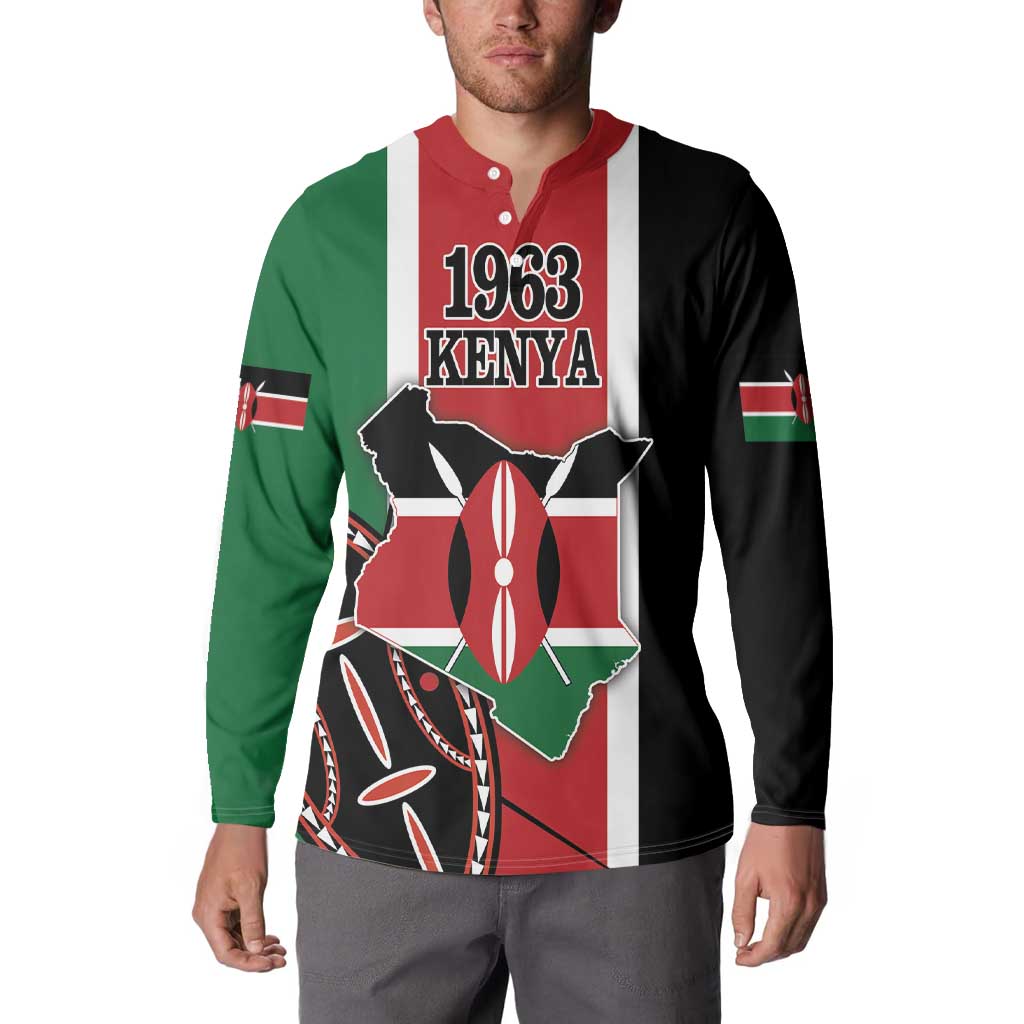 Multicolor button sweatshirt with 1963 Kenya front graphic worn by model