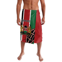 Red, green & black graphic wrap skirt with 'YOUR TEXT', knee-length