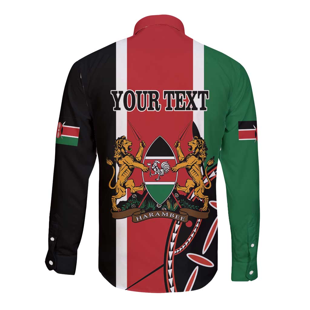 Unisex long-sleeve button shirt with Kenya flag back print and 'YOUR TEXT'