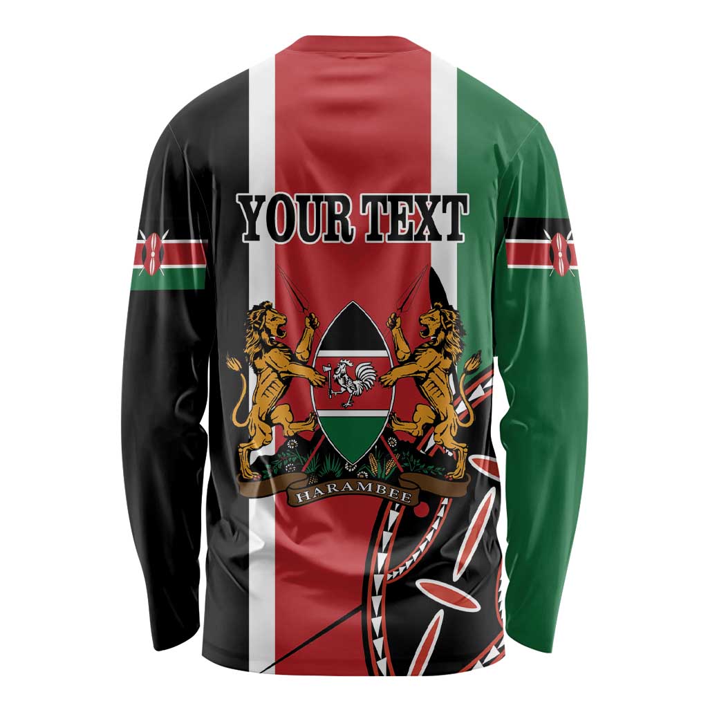 Long-sleeve shirt showing YOUR TEXT and Kenya crest with lions on flag stripes