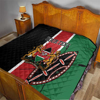Personalized Kenya quilt on bed, black red green flag panel with YOUR TEXT and quilt stitching