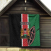 Personalized Kenya quilt hanging outdoors, black red green flag art with YOUR TEXT