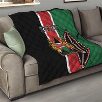 Personalized Kenya quilt on sofa, black red green flag design with quilted texture, YOUR TEXT