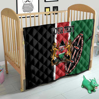 Personalized Kenya quilt on baby bed, black red green flag art with quilted pattern and YOUR TEXT